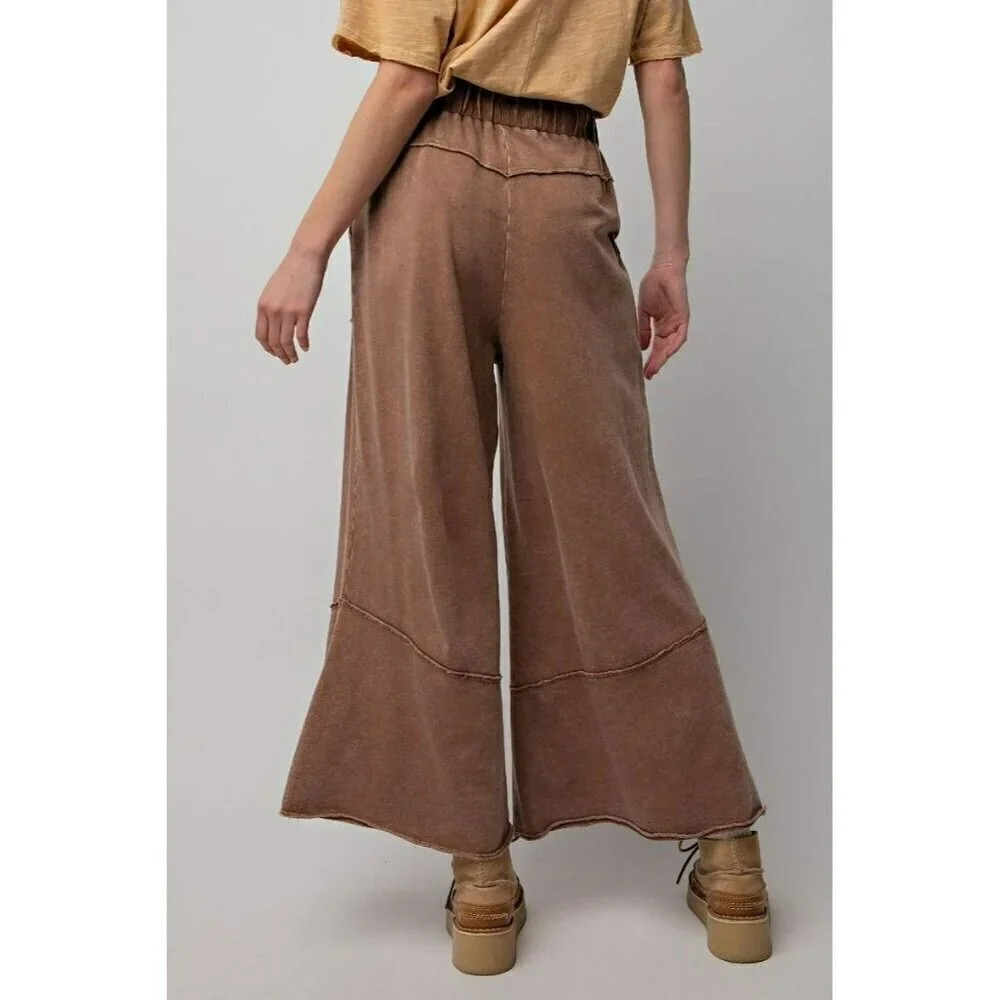 Chill Vibes Mineral Washed Terry Knit Wide Leg Pants in Choco Brown - Picture 3 of 5